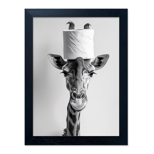 Melpa Art Framed Funny Bathroom Wall Art, Giraffe with a Toilet Paper Roll on Head Decor, Black and White Bathroom Pictures Wall Decor, Humor Animal Canvas Print Artwork - Image 1