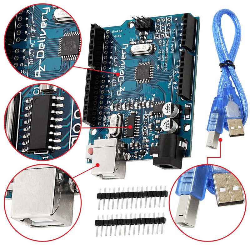 AZDelivery لوحة تطوير AZDelivery 25 x متحكم ATmega328P مع كابل USB مع كتاب إلكتروني مرفق! - Image 2