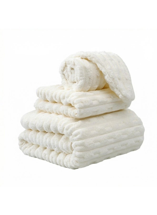 3-Piece Towel Set, coral fleece  ，Superior Quality, Quick Dry Highly Absorbent Thick Bathroom Soft Hotel Towels for Bath And Spa, Towel Set Includes 1 Bath Towel (90x170 cm), 1 Hand Towel (35x75 cm), 1 Hair Drying Cap (25x65 cm)-White - Image 1