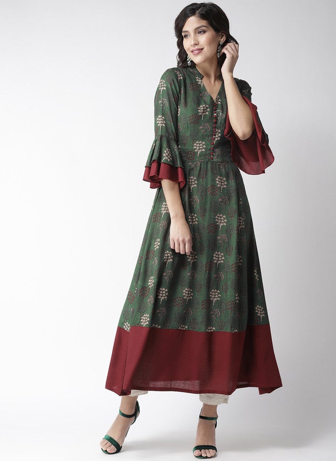 PlusS Green And Maroon A-Line Kurta For Women - Image 1