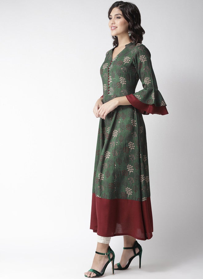 PlusS Green And Maroon A-Line Kurta For Women - Image 3