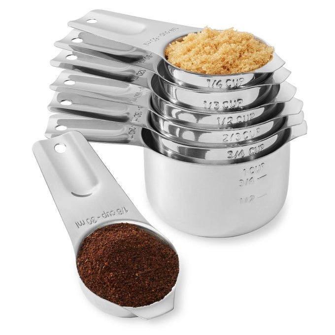 7PC STAINLESS STEEL MEASURING CUP SET INCLUDES 18 CUP COFFEE SCOOP MEASUREMENTS FOR DRY AND LIQUID COOKING BAKING INGREDIENTS