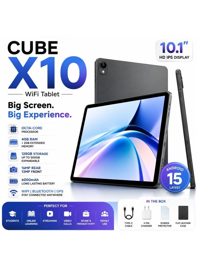 iBRIT Cube X10 WiFi Tablet, 10.1 Inch HD IPS Display, Android 15, 4GB RAM + 2GB Extended Memory, 128GB Storage, 6000mAh Battery, 16MP Rear Camera, Grey - Image 1