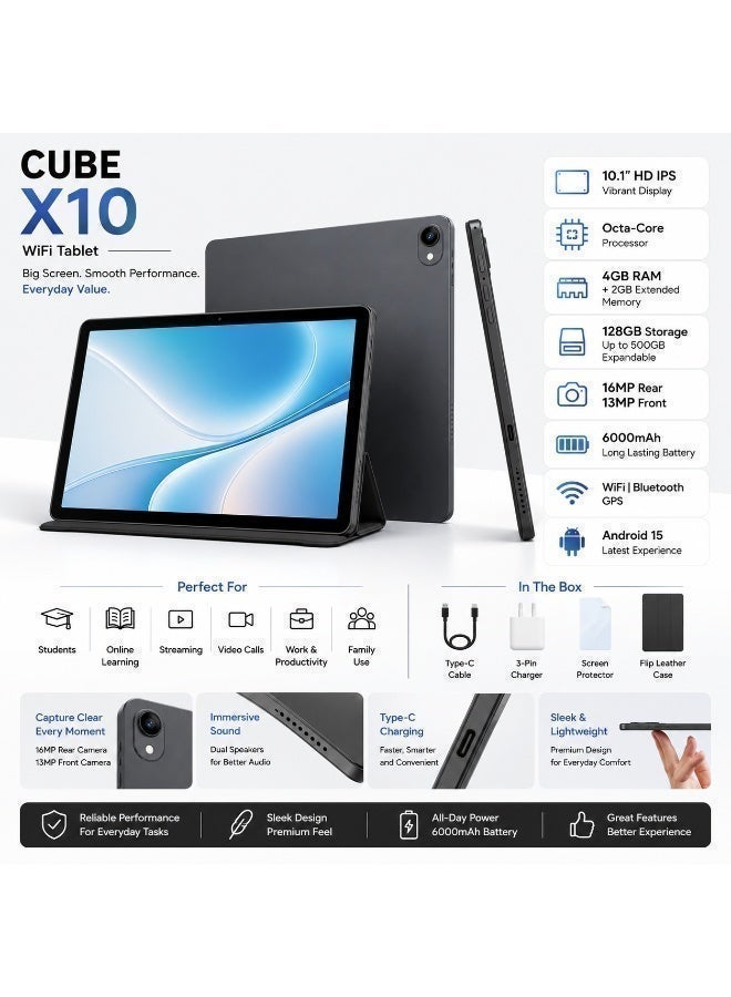 iBRIT Cube X10 WiFi Tablet, 10.1 Inch HD IPS Display, Android 15, 4GB RAM + 2GB Extended Memory, 128GB Storage, 6000mAh Battery, 16MP Rear Camera, Grey - Image 4
