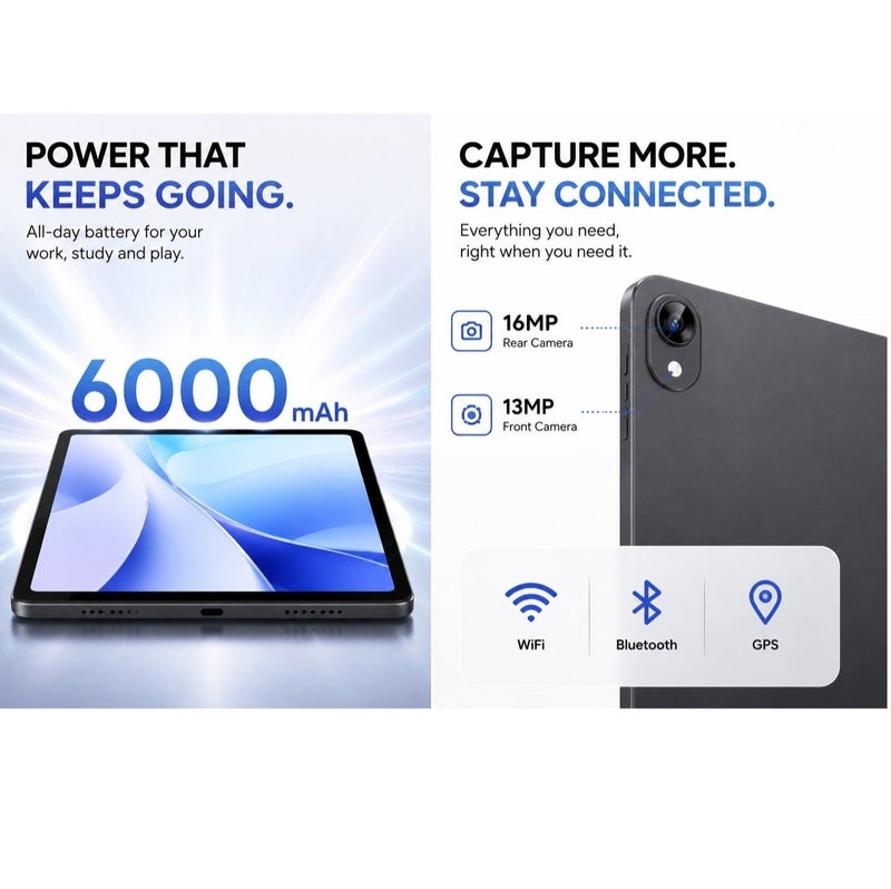 iBRIT Cube X10 WiFi Tablet, 10.1 Inch HD IPS Display, Android 15, 4GB RAM + 2GB Extended Memory, 128GB Storage, 6000mAh Battery, 16MP Rear Camera, Grey - Image 3