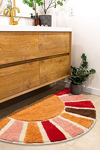 NOTASA Boho Bathroom Rugs Half Circle Bath Mat Cute Bohemian Bath Rug for Bedroom Large Carpet Home Decor Non-Slip Semi Round Shower Rug Funny Washable Indoor Floor Door Mat Sun Retro 20x37inch - Image 2