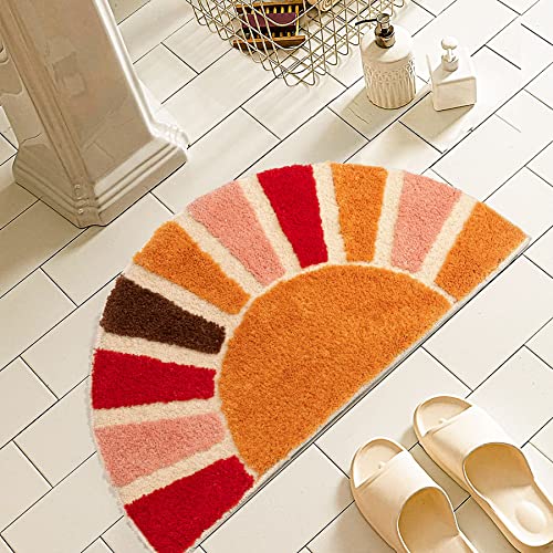 NOTASA Boho Bathroom Rugs Half Circle Bath Mat Cute Bohemian Bath Rug for Bedroom Large Carpet Home Decor Non-Slip Semi Round Shower Rug Funny Washable Indoor Floor Door Mat Sun Retro 20x37inch - Image 1