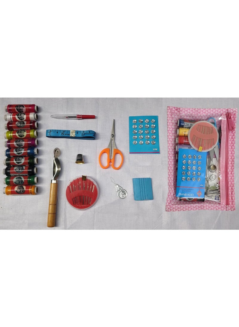 KEPY THE MALL KEPY THE MALL Kit No2 with 62 Total Pcs in Zipper Pouch with Tracing Wheel 10colour Reels Opener Threader Thimble Measuring Tape 24 Needle Scissor 20 Press Button chowk for Home Travel Use  - Image 1