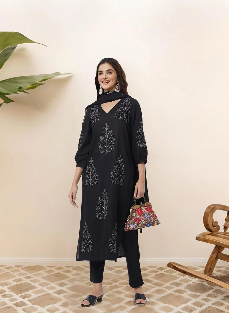 ISHIN  Women Black Cotton Kurta Sets 3pcs sets for Women | Best Price UAE