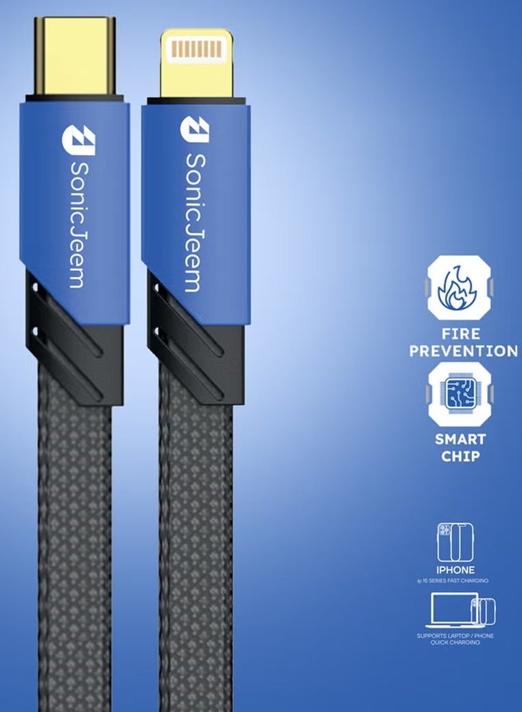 SONIC JEEM Sonic Game 100W PD TYPE-C TO LIGHTNING Charging Cable, Supports Data Transfer, Gold Plated Interface, Fast Charging, 1 Meter Length, Blue, Made for Android-iPhone-iPad-iPod - Image 2