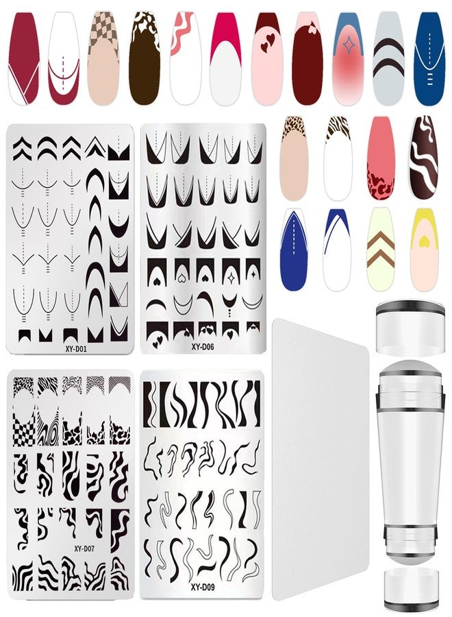 Bluezoo French Line Nail Stamper Plates Kit, 4Pcs Nail Stamping Plates + Dual-end Silicone Nail Stamper Tool Set, French Tip Geometric Wave Strips Snake Art Printing Template Home Salon DIY Design Manicure - Image 1