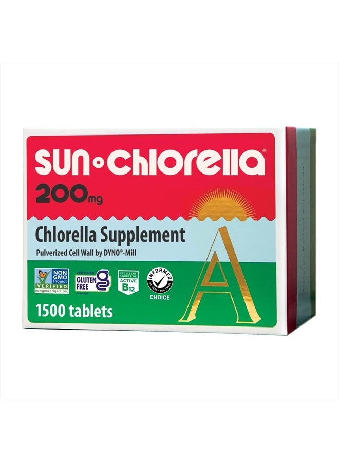 Sun Chlorella 200 مجم من مكملات الطحالب الخضراء الفائقة - جدار الخلية المسحوق - الكلوروفيل، CGF، B12 النشط، الحديد، البروتين - غير معدل وراثيًا - 1500 قرص - Image 1
