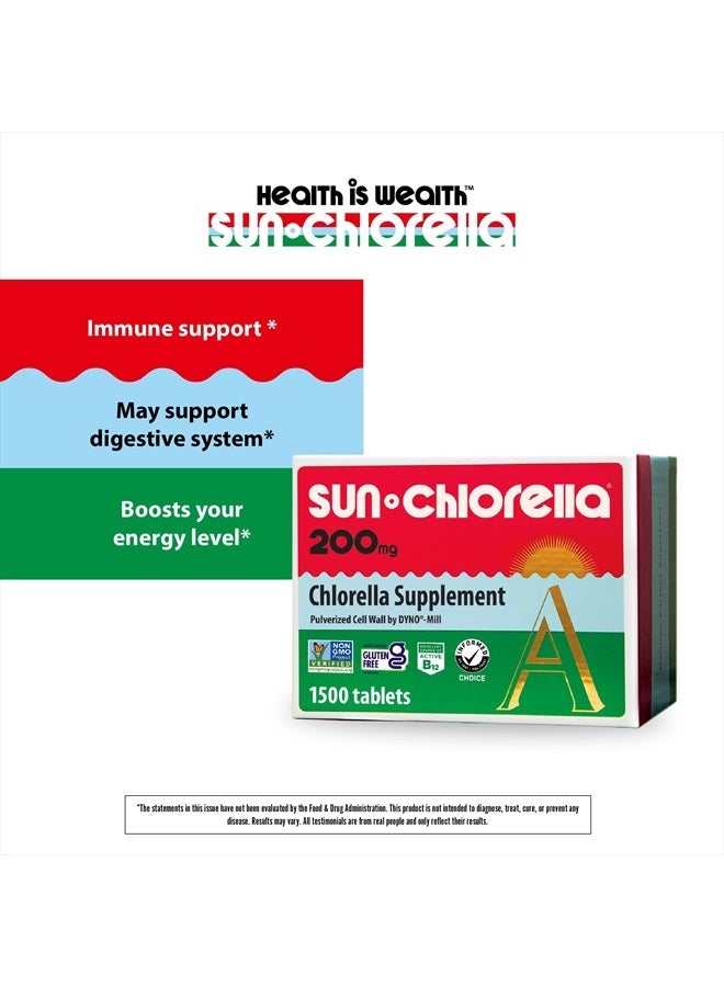 Sun Chlorella 200 مجم من مكملات الطحالب الخضراء الفائقة - جدار الخلية المسحوق - الكلوروفيل، CGF، B12 النشط، الحديد، البروتين - غير معدل وراثيًا - 1500 قرص - Image 5