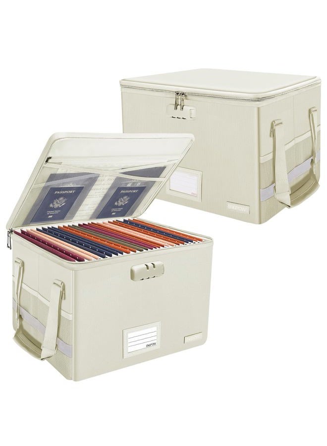 ENGPOW File Box with Lock,Fireproof Document Box with Pockets,Collapsible File Storage Organizer Box Filing Box with Handle,Portable Home Office Safe Box for Hanging Letter/Legal Folder,2 Pack(Beige) - Image 1