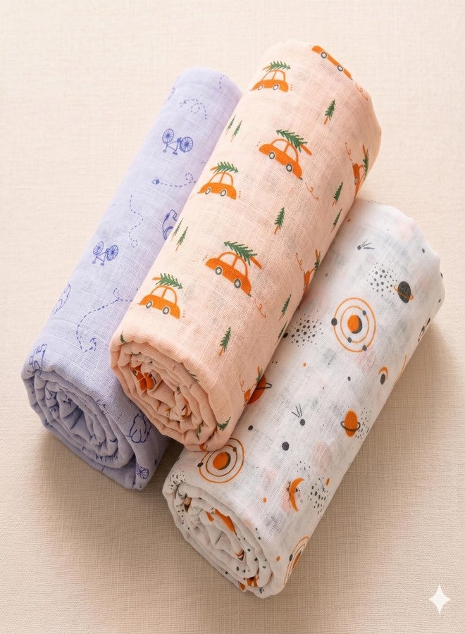 NEW COMERS® Cotton Muslin Baby Swaddle Set, Multicolor Printed Muslin Swaddle Wrap for New Born Baby, Soft Pure Cotton Sheet Baby Wrap Set, Baby Product (Swaddle_07) - Image 1