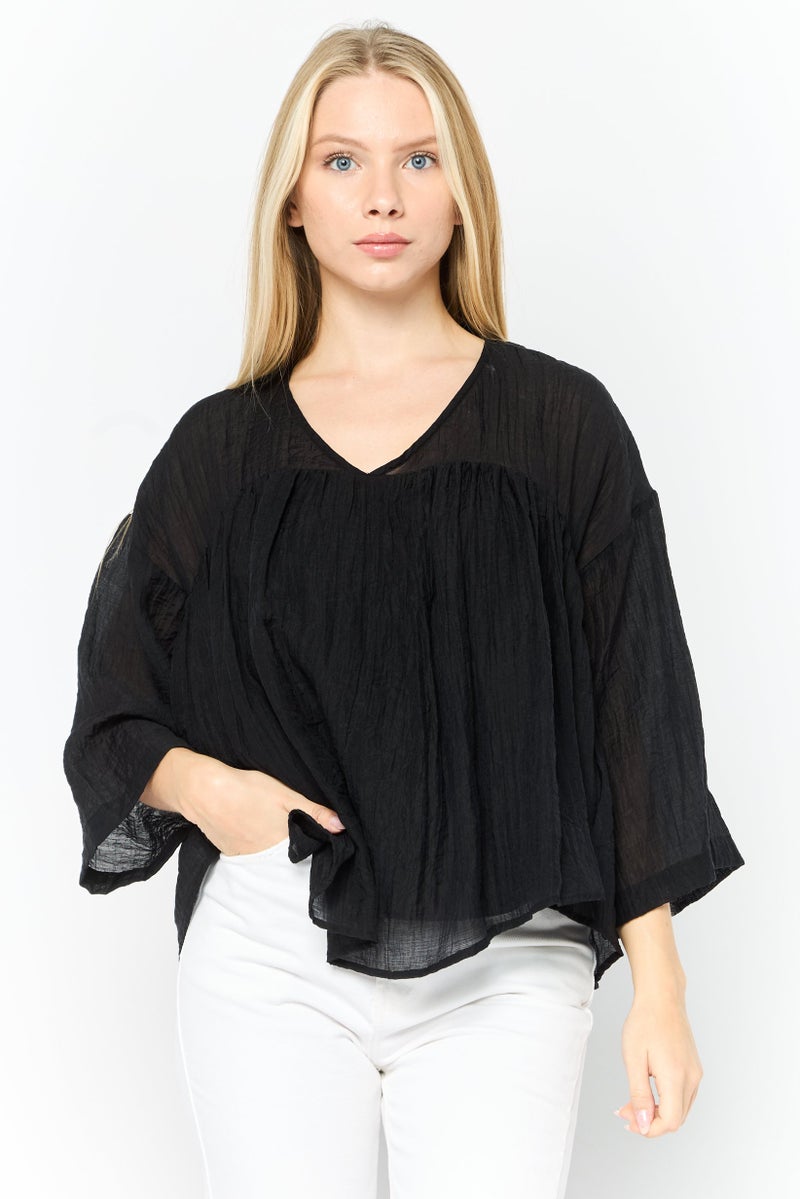 DKNY Women V-Neck Short Sleeve Textured Blouse, Black - Image 1