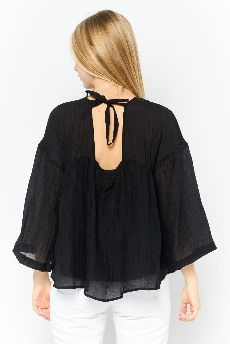 DKNY Women V-Neck Short Sleeve Textured Blouse, Black - Image 2