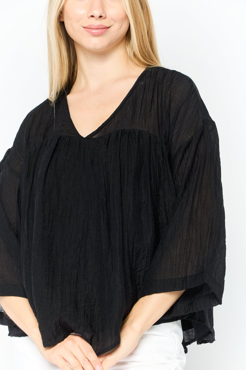 DKNY Women V-Neck Short Sleeve Textured Blouse, Black - Image 4
