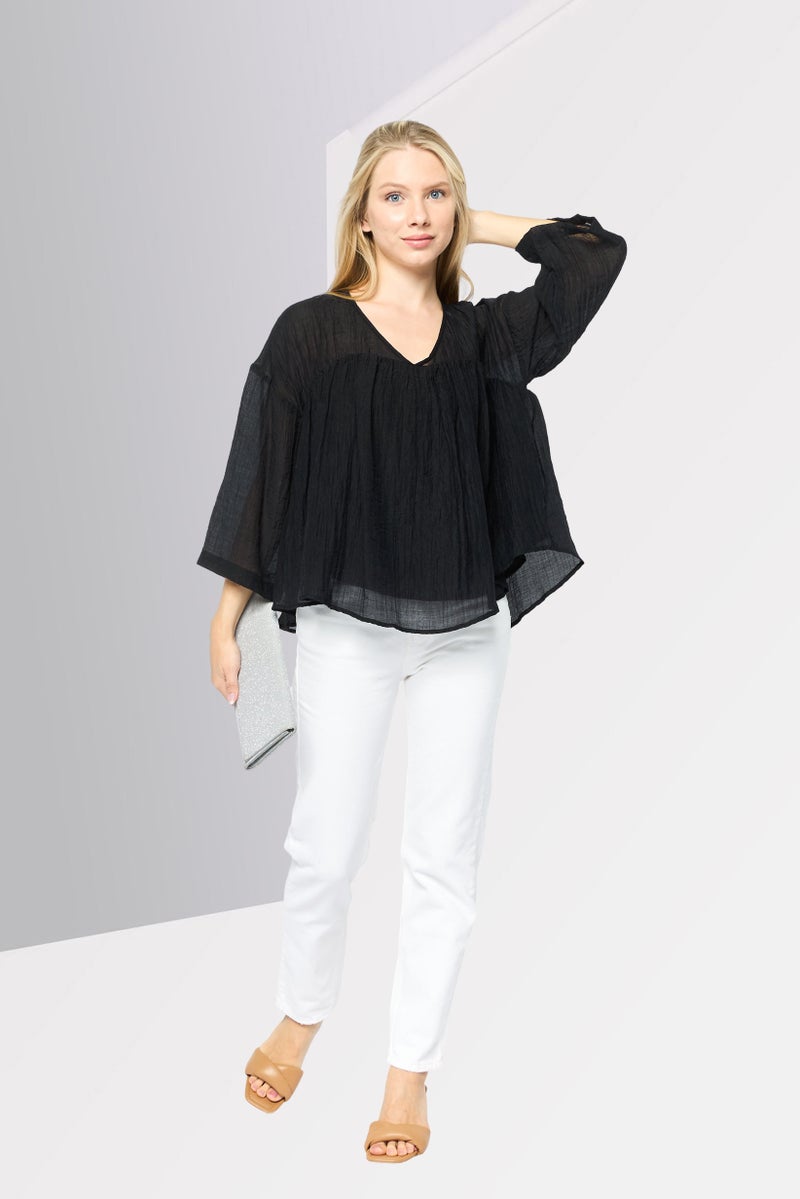 DKNY Women V-Neck Short Sleeve Textured Blouse, Black - Image 3