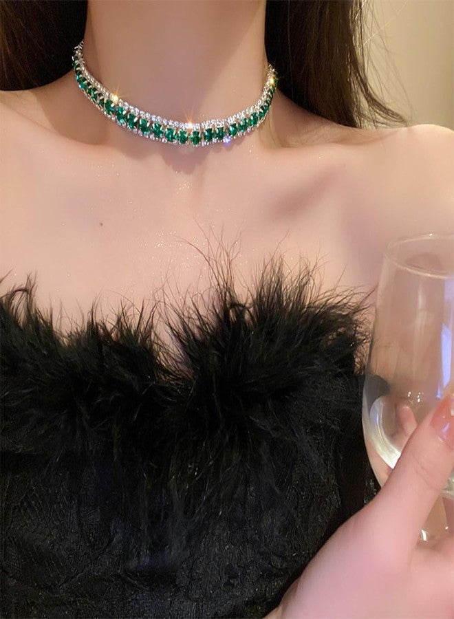 YERTTER Vintage Green Crystal Jewelry Set Choker Necklace with Earrings Set Statement Rhinestone Choker Earrings for Women - Image 3