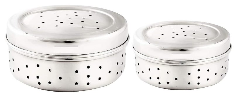 Dynore Dynore Stainless Steel Hole Puri DabbaSprout Makercoriander dabbaFlat Dabba With Air Ventilation Hole Through it Set of 2 Kothmir Dabba  - Image 1