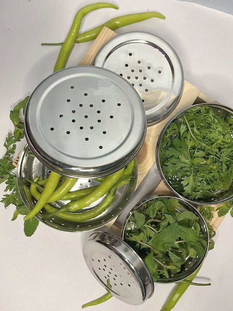 Dynore Dynore Stainless Steel Hole Puri DabbaSprout Makercoriander dabbaFlat Dabba With Air Ventilation Hole Through it Set of 2 Kothmir Dabba  - Image 4