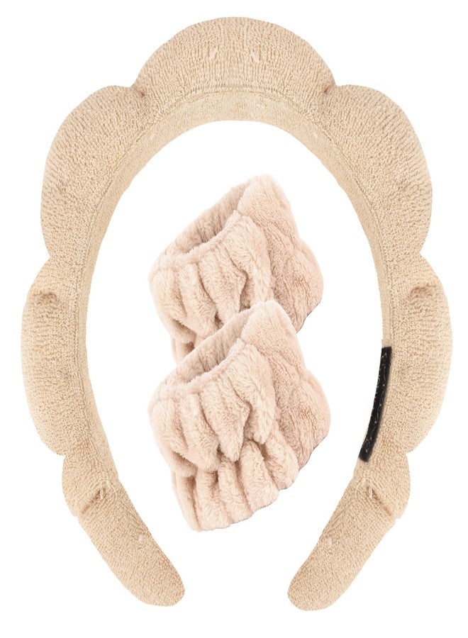 CAVETEE Skincare Headband for Washing Face, Spa Headband and Wristband Set Bubble Sponge Skin Care Head band Soft Puffy Terry Cloth Hair Accessories for Women (Beige, one size) - Image 1