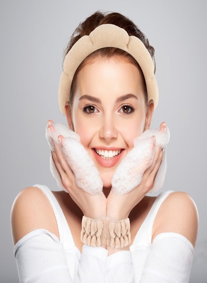 CAVETEE Skincare Headband for Washing Face, Spa Headband and Wristband Set Bubble Sponge Skin Care Head band Soft Puffy Terry Cloth Hair Accessories for Women (Beige, one size) - Image 4
