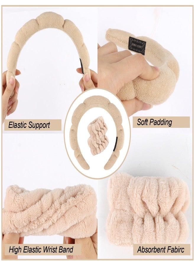 CAVETEE Skincare Headband for Washing Face, Spa Headband and Wristband Set Bubble Sponge Skin Care Head band Soft Puffy Terry Cloth Hair Accessories for Women (Beige, one size) - Image 3