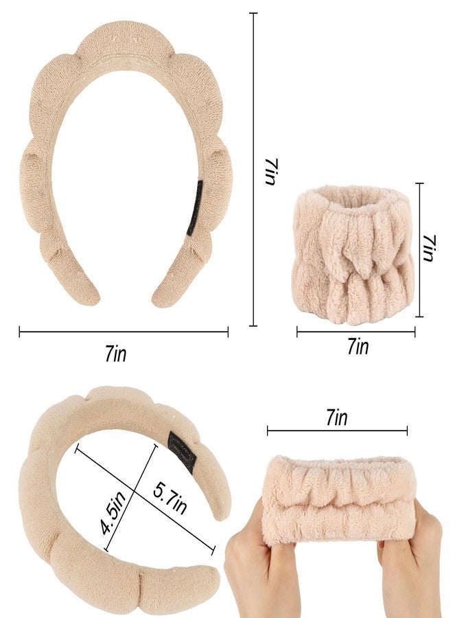 CAVETEE Skincare Headband for Washing Face, Spa Headband and Wristband Set Bubble Sponge Skin Care Head band Soft Puffy Terry Cloth Hair Accessories for Women (Beige, one size) - Image 2