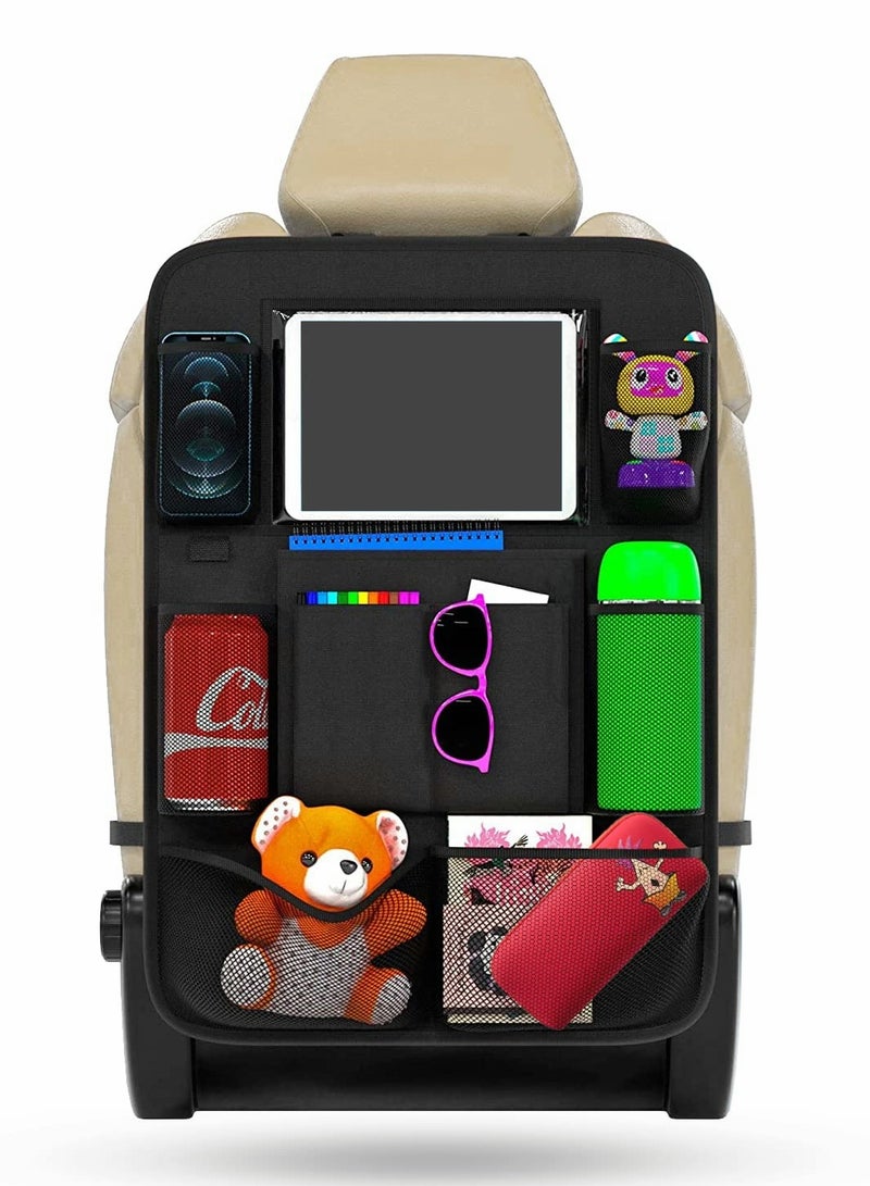 SOLARAE Car Seat Organizer, Backseat Organizer with Touchable Tablet Holder and 9 Storage Pockets, Kick Mats Back for Toys Water Bottle Books Pens - Image 1