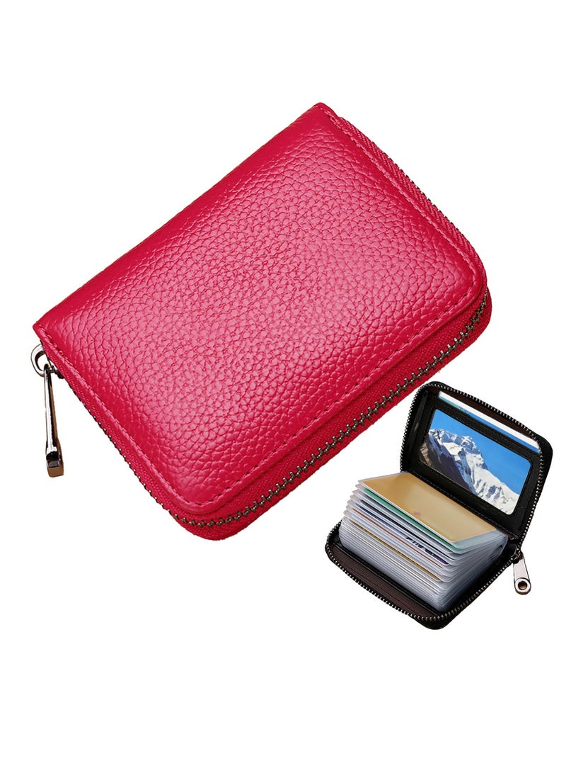 Men Women PU Leather Credit Card Holder Zipper Wallet With 20 Card Slots（RoseRed）  - Image 1