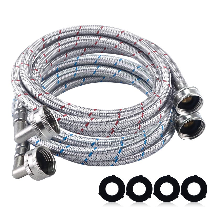 Fetechmate 6Ft Premium Stainless Steel Washer Hoses With 90 Degree Elbow No-Lead Burst-Proof 3/4"" Npt Connection Hot & Cold Water Inlet Supply Lines For Washer - 2 Pack By Fetechmate - Image 1