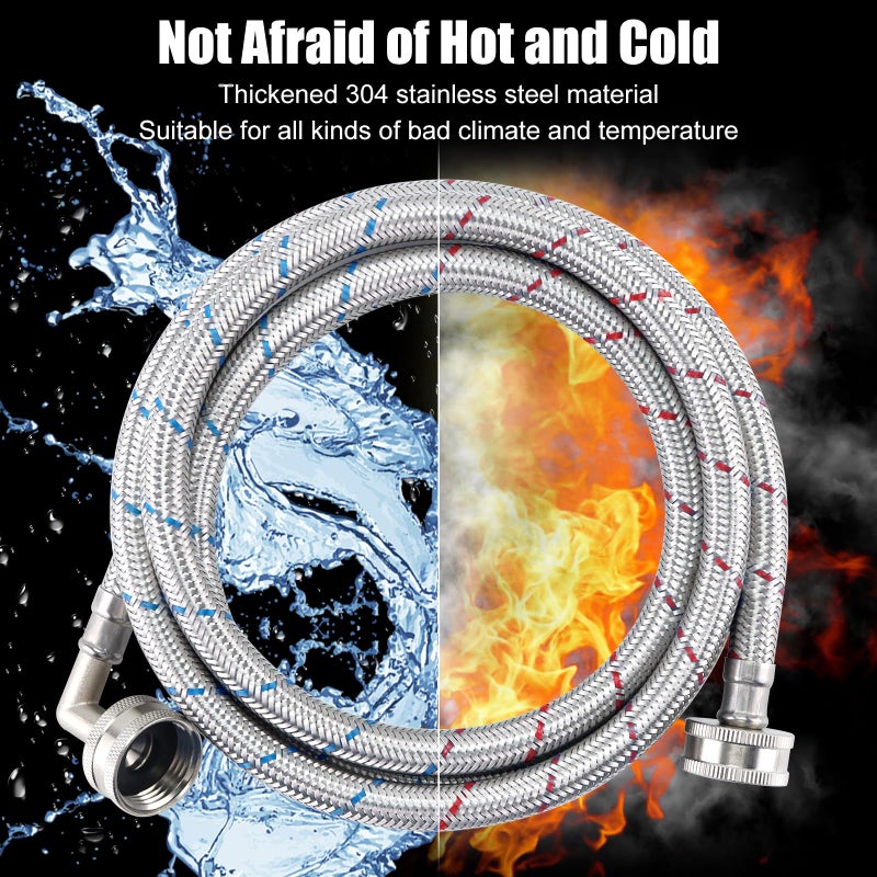 Fetechmate 6Ft Premium Stainless Steel Washer Hoses With 90 Degree Elbow No-Lead Burst-Proof 3/4"" Npt Connection Hot & Cold Water Inlet Supply Lines For Washer - 2 Pack By Fetechmate - Image 3