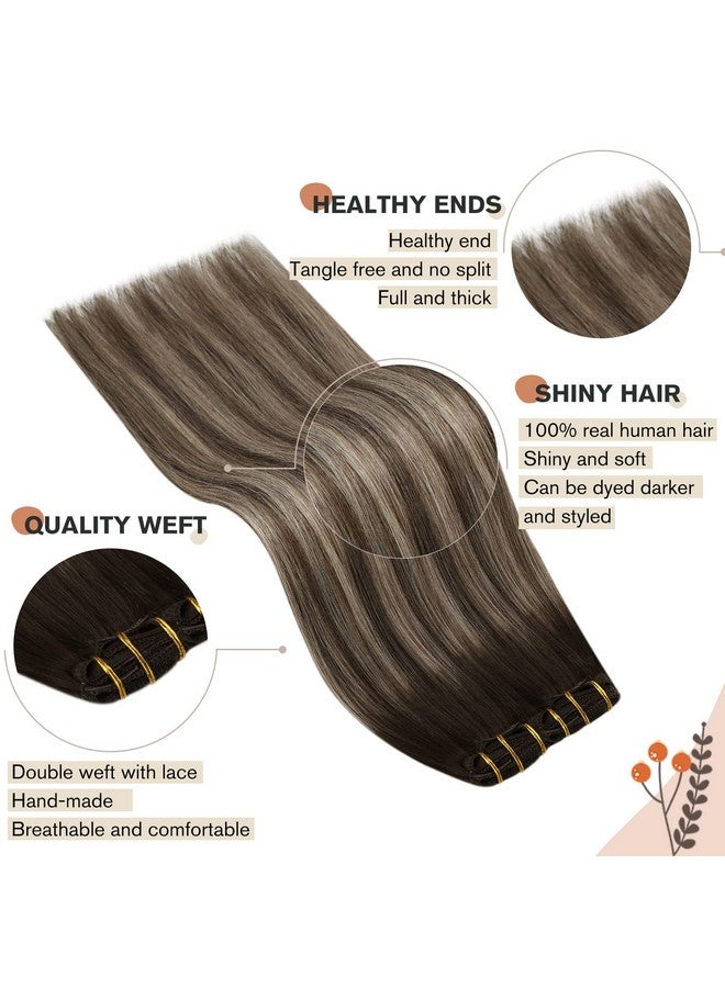 Ugeat Geat Clip In Hair Extensions Human Hair 20Inch Human Hair Clip In Extensions Balayage Color 4 Dark Brown With 18 Ash Blonde Clip In Remy Human Hair Extensions 120 Grams - Image 3