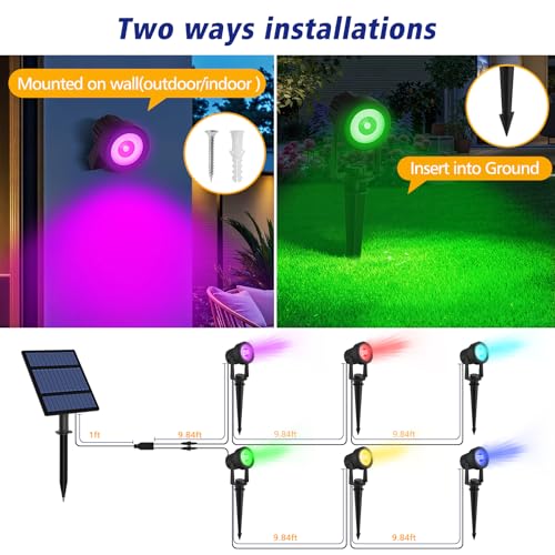 T-SUNUS RGB Solar Spot Lights Christmas Outdoor 6-in-1, Color Changing Landscape Spotlights Pond Lighting Waterproof IP65 9.8ft Cable for Tree Patio Pathway Yard Garden Wall Flag Halloween Holiday - Image 5