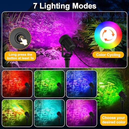 T-SUNUS RGB Solar Spot Lights Christmas Outdoor 6-in-1, Color Changing Landscape Spotlights Pond Lighting Waterproof IP65 9.8ft Cable for Tree Patio Pathway Yard Garden Wall Flag Halloween Holiday - Image 2