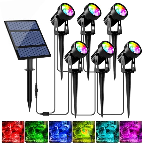 T-SUNUS RGB Solar Spot Lights Christmas Outdoor 6-in-1, Color Changing Landscape Spotlights Pond Lighting Waterproof IP65 9.8ft Cable for Tree Patio Pathway Yard Garden Wall Flag Halloween Holiday - Image 1