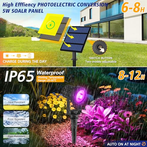 T-SUNUS RGB Solar Spot Lights Christmas Outdoor 6-in-1, Color Changing Landscape Spotlights Pond Lighting Waterproof IP65 9.8ft Cable for Tree Patio Pathway Yard Garden Wall Flag Halloween Holiday - Image 4