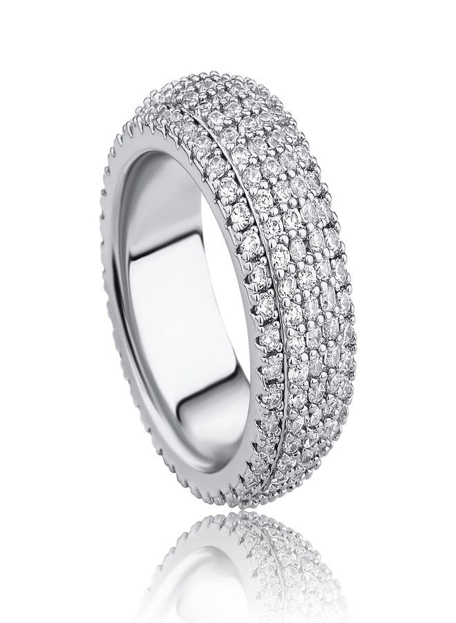 JINAO 9mm 5Rows 14K Gold Plated Iced Out Lab Simulated Diamond Cubic Zirconia Eternity Wedding Band Ring for Men Women (White Gold, 9) - Image 1