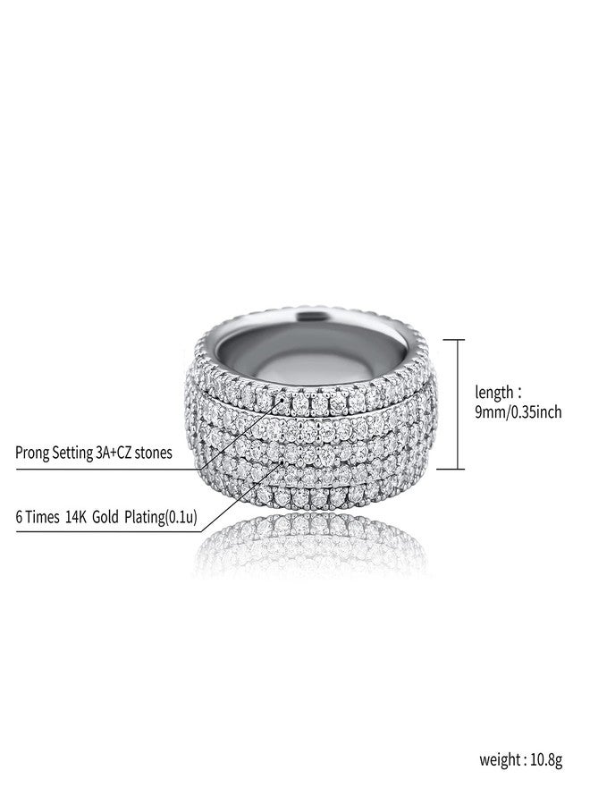 JINAO 9mm 5Rows 14K Gold Plated Iced Out Lab Simulated Diamond Cubic Zirconia Eternity Wedding Band Ring for Men Women (White Gold, 9) - Image 2