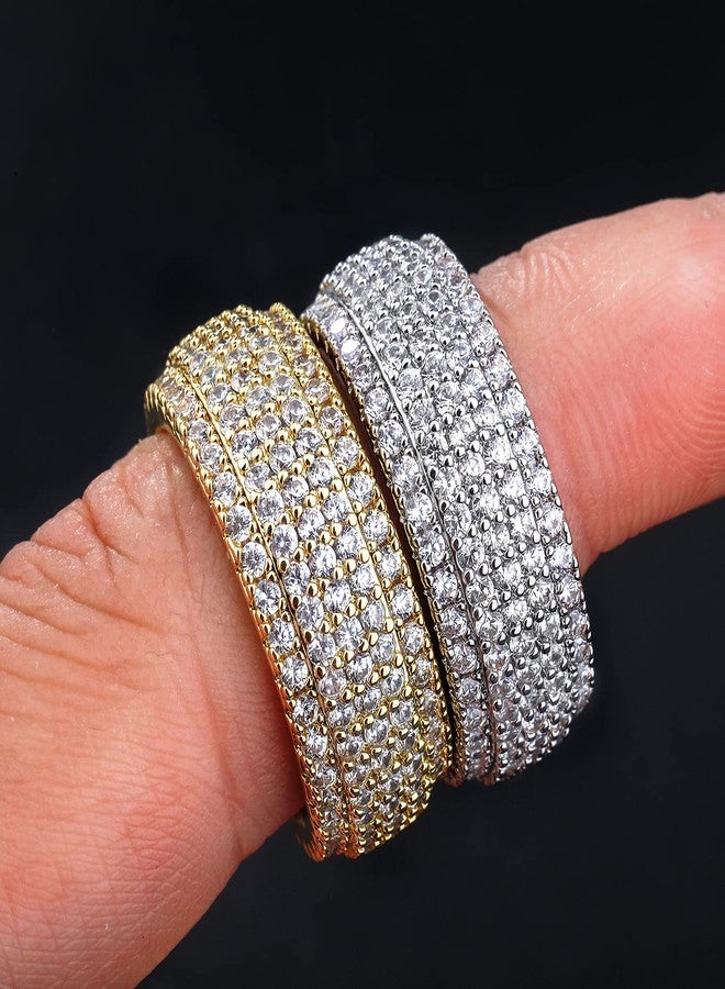 JINAO 9mm 5Rows 14K Gold Plated Iced Out Lab Simulated Diamond Cubic Zirconia Eternity Wedding Band Ring for Men Women (White Gold, 9) - Image 4