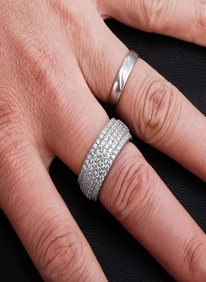 JINAO 9mm 5Rows 14K Gold Plated Iced Out Lab Simulated Diamond Cubic Zirconia Eternity Wedding Band Ring for Men Women (White Gold, 9) - Image 5