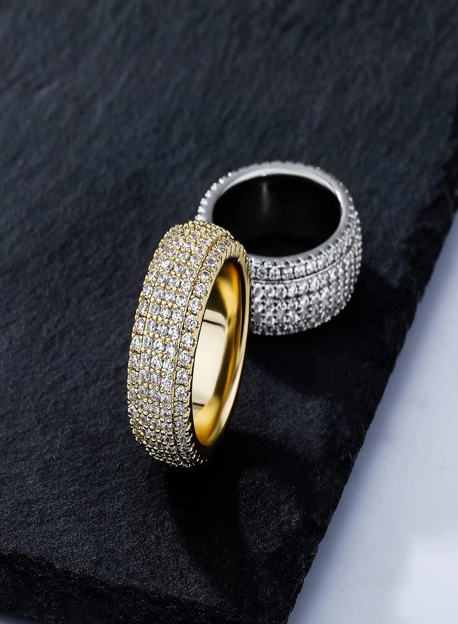 JINAO 9mm 5Rows 14K Gold Plated Iced Out Lab Simulated Diamond Cubic Zirconia Eternity Wedding Band Ring for Men Women (White Gold, 9) - Image 3