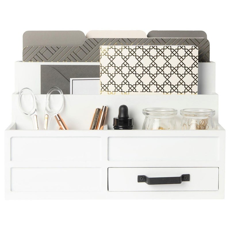BLU MONACO | White Desktop Organizer with Drawer Storage | Tabletop Organizer with Drawers for Paper Bills Mail | Wooden Mail Organizer for Countertop Workspace - Image 1