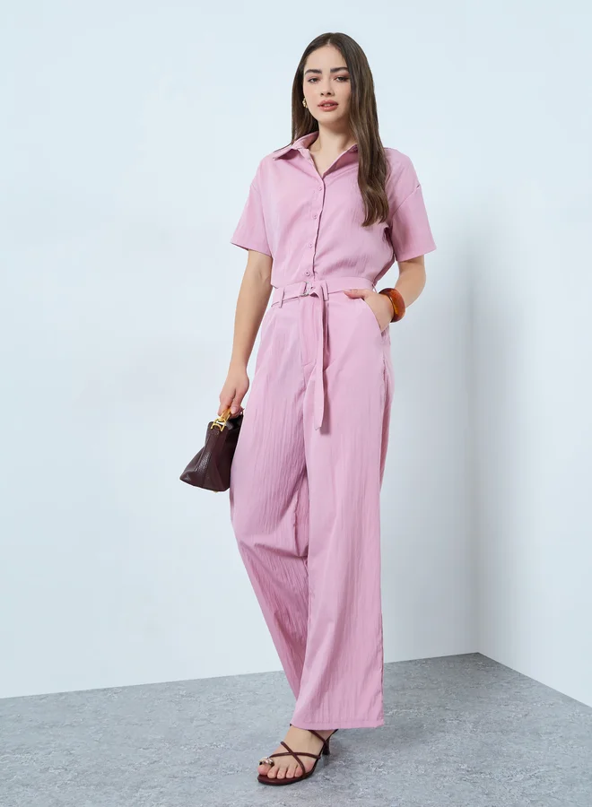 Styli Solid Short Sleeve Shirt and Belted Wide Leg Pants Co-Ords