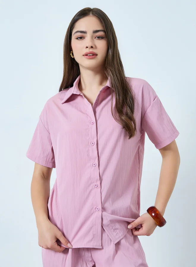 Styli Solid Short Sleeve Shirt and Belted Wide Leg Pants Co-Ords