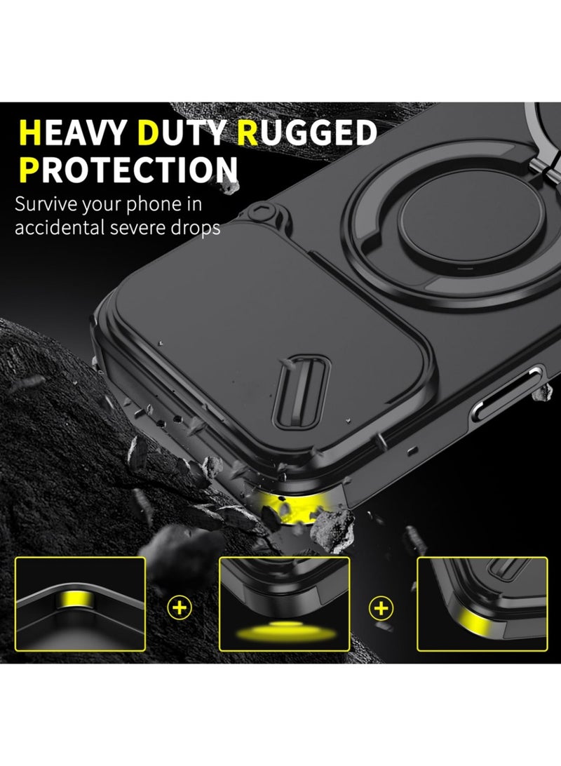 Abania iPhone 17 Pro Case with MagSafe, Slide Camera Cover 360° Ring Stand, Black Military-Grade Shockproof Anti-Fingerprint iPhone 17 Pro Cover Compatible with MagSafe Accessories - Image 5