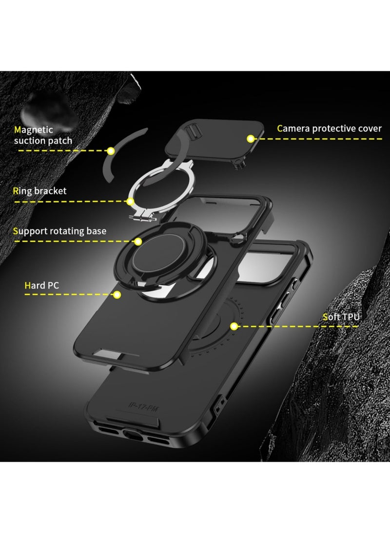 Abania iPhone 17 Pro Case with MagSafe, Slide Camera Cover 360° Ring Stand, Black Military-Grade Shockproof Anti-Fingerprint iPhone 17 Pro Cover Compatible with MagSafe Accessories - Image 4