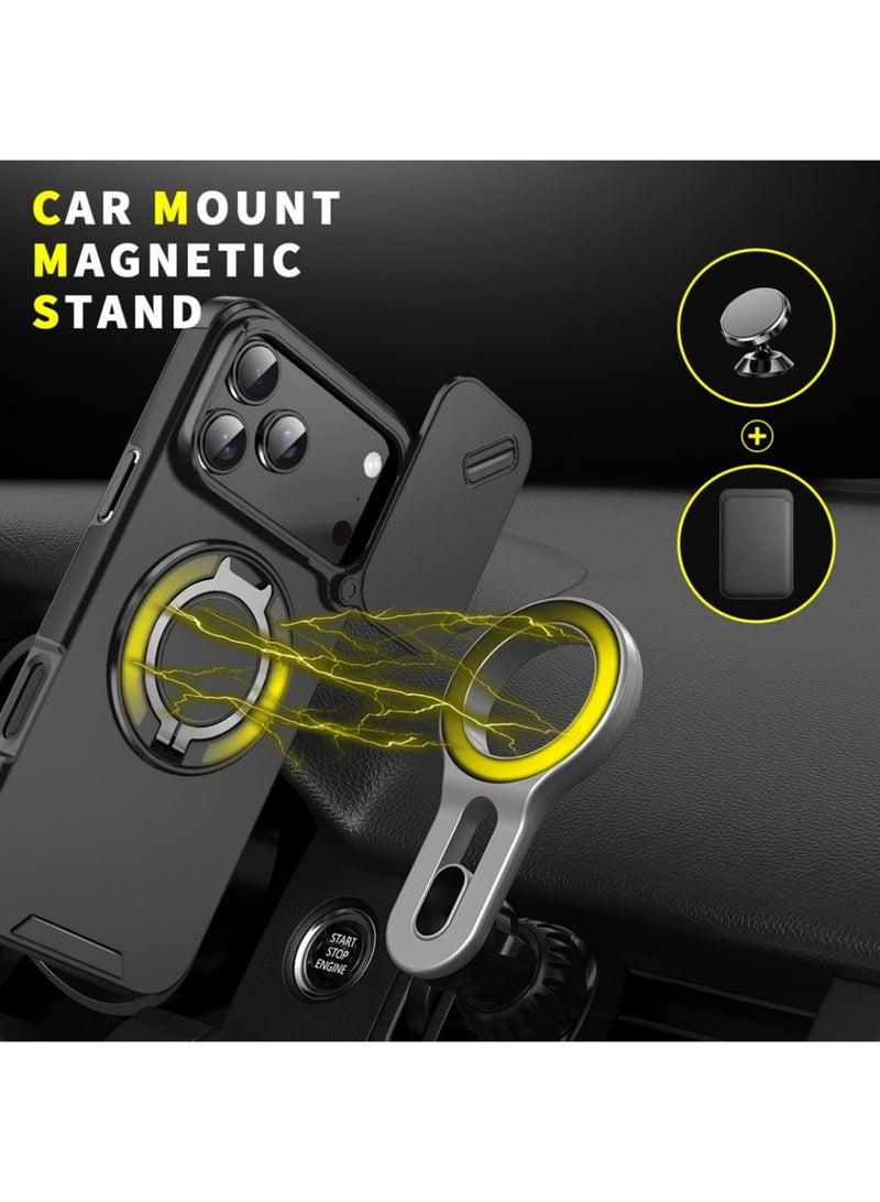 Abania iPhone 17 Pro Case with MagSafe, Slide Camera Cover 360° Ring Stand, Black Military-Grade Shockproof Anti-Fingerprint iPhone 17 Pro Cover Compatible with MagSafe Accessories - Image 3